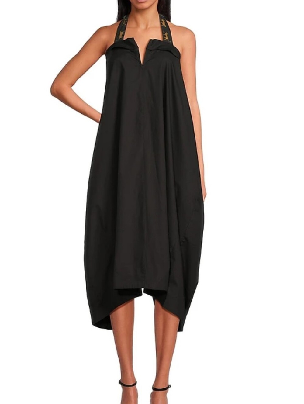 Mo Maya Leo Palm Halter Split Neck Black Cotton Dress.